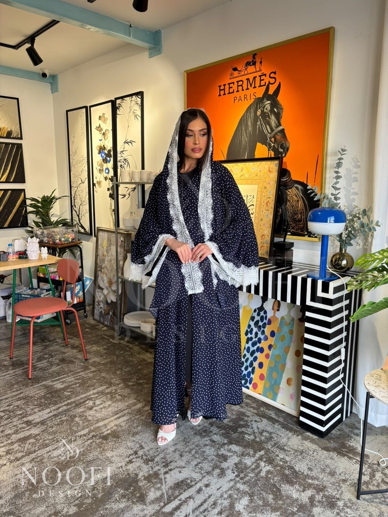 Navy dotted white lace Abaya